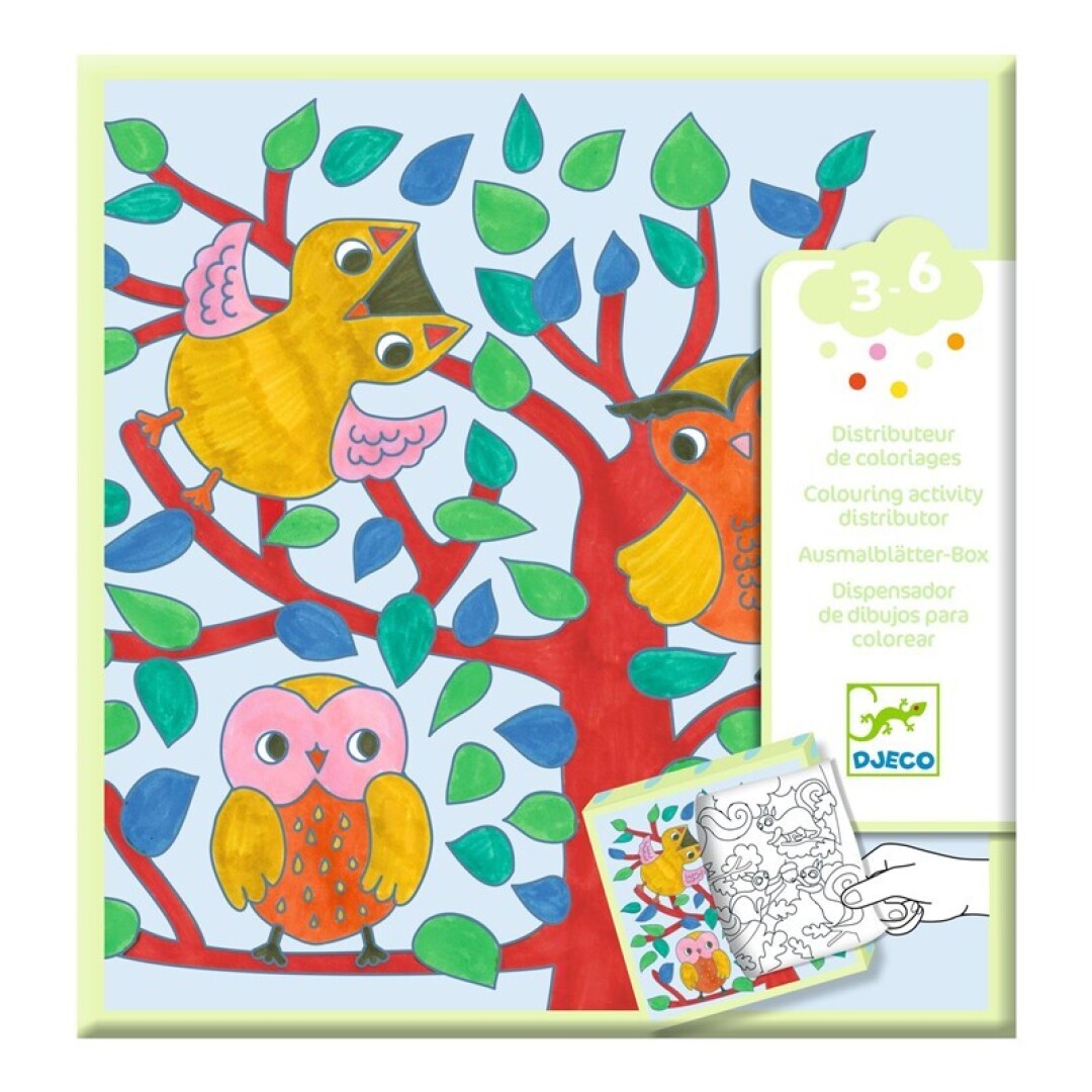 Dispensador de 10 dibujos para colorear + 10 juegos sorpresa Bosque