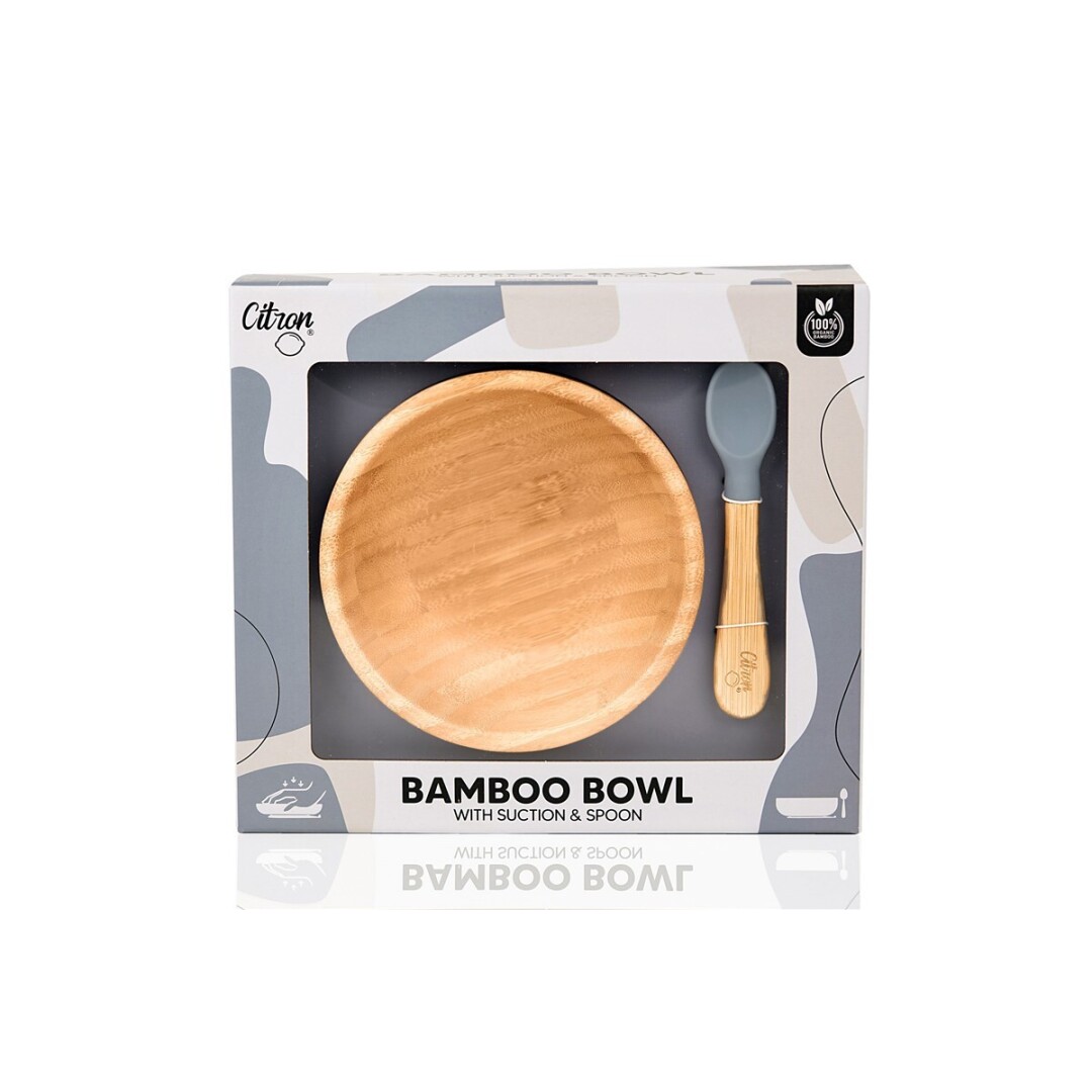 Citron Bol de bambú con ventosa y cuchara azul