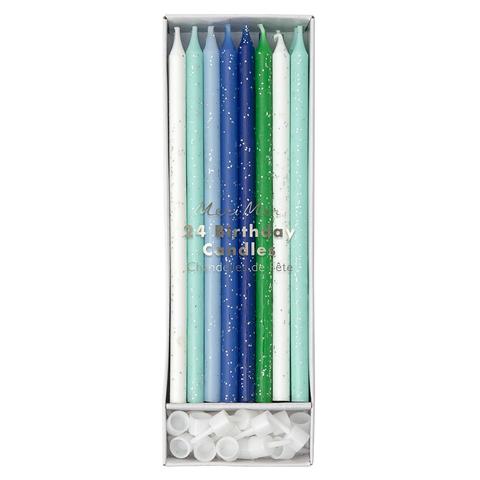 24 Velas en tonos azul y verde con purpurina